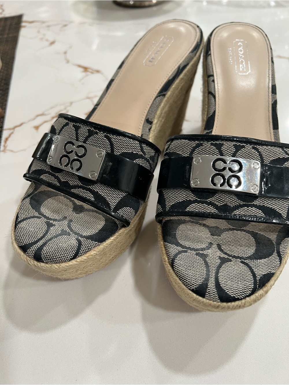 Coach Black Signature Espadrille Wedge Slides